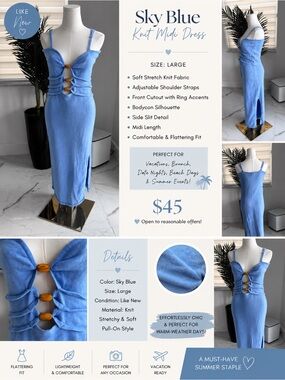Sky Blue Knit Midi Dress with Ring Details - Brand: